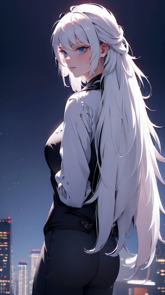 1 girl, medium light white hair, light blue eyes, wearing black suit , night city, absurdres , high res, ultrasharp, 8K, masterpiece, looking from behind