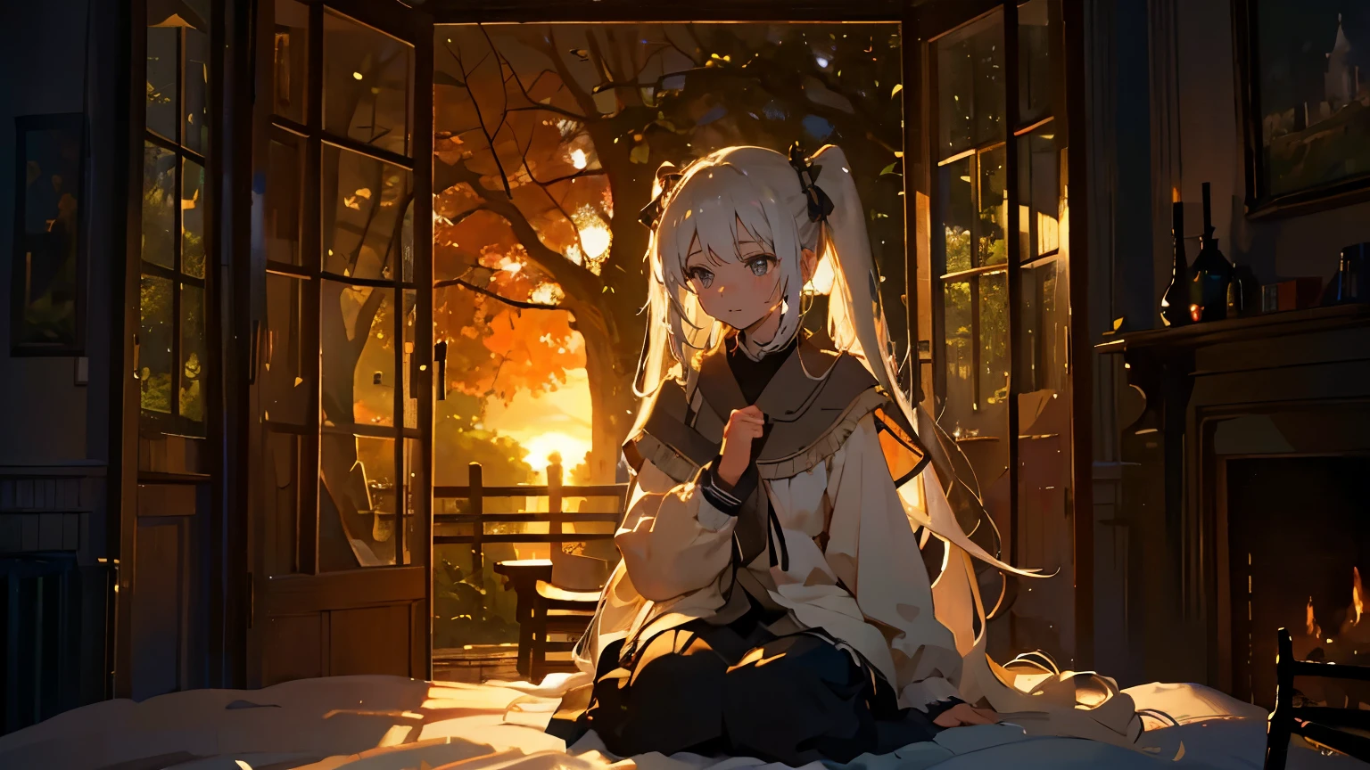 masterpiece, Highest quality, masterpiece, Highest quality, (((Top quality graphics))), (Soft look), Cartoonish, Sit on a chair, Woman sleeping with closed eyes, Rough clothes, Twin tails, scruffy appearance, Open your mouth a little, Sad smile, bed, night, (Nature by the window), Half Landscape, Treehouse, (fireplace), White Hair