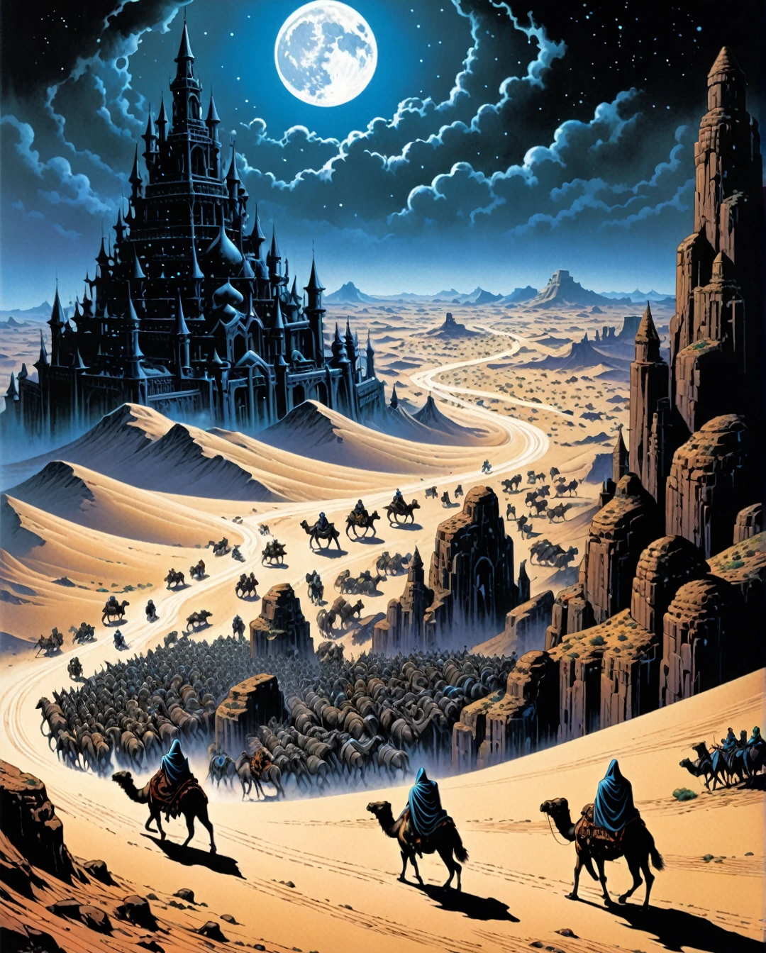 Art style by Richard Corben, Art style by Jim Starlin, Art style by Philippe Caza, (Masterpiece, Top Quality, Super Detail, High Resolution, Best Illustration), 1990s (style), 1980s (style), retro art style, Highest image quality, (Masterpiece, top quality, super detail, high resolution, best illustration), vintage, 1990s \(style\), dynamic angle,                               

A sinister caravan of robed figures and ominous beasts crossing the vast, moonlit desert. The camels and horses are adorned with dark, arcane symbols, and the figures' faces are hidden beneath shadowy hoods. In the distance, an ancient, cursed city looms, partially buried in the sand, with only the twisted spires visible against the dark sky.