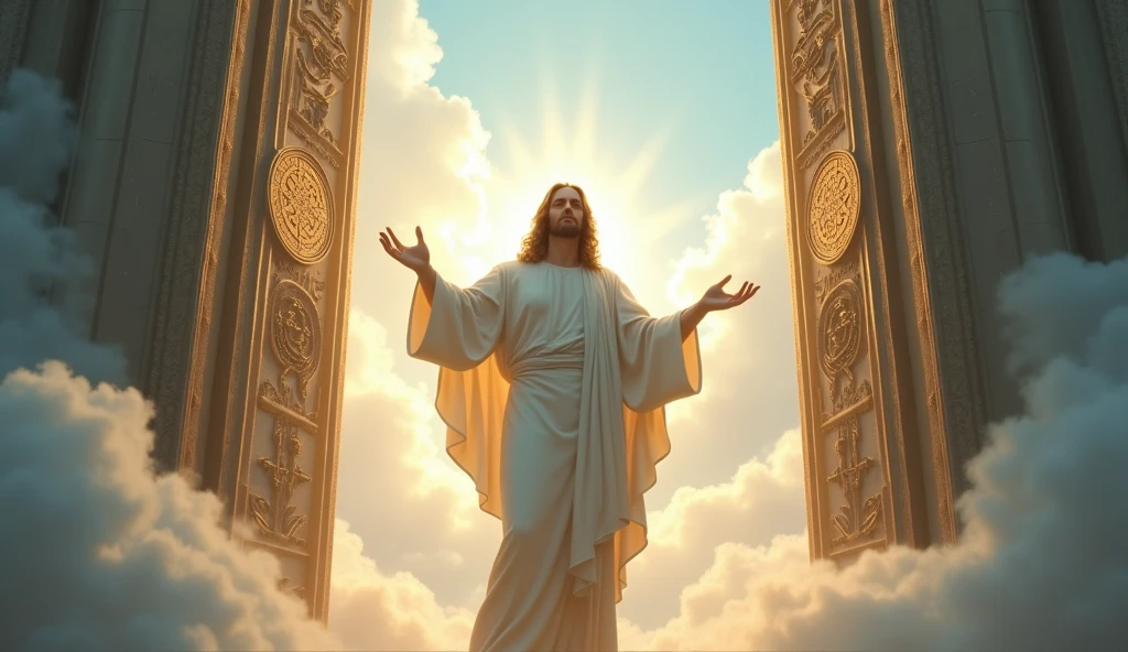 Jesus standing at Heaven's gates, welcoming souls