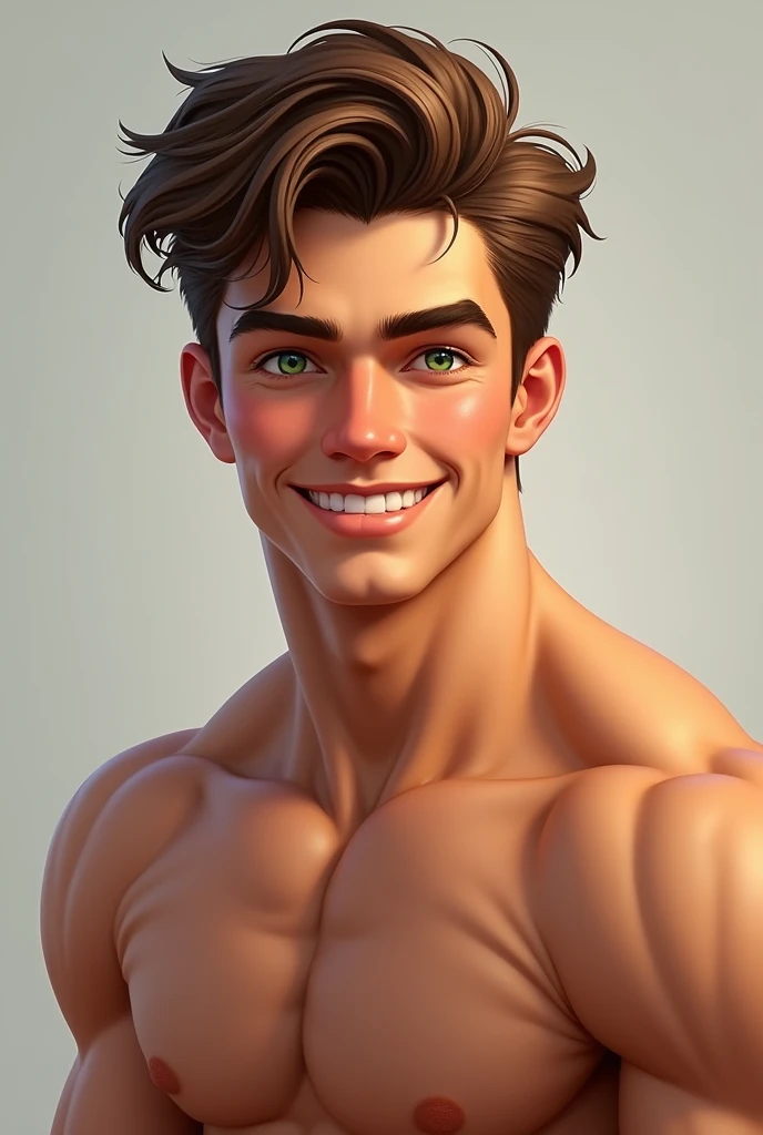 Make an 18 year old man, green-eyed brunette, by the wide, Muscular and with a nice smile