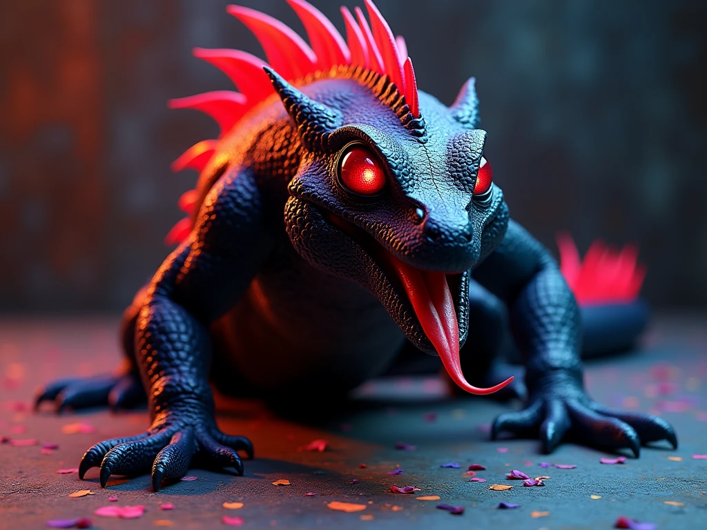 black reptile looking forward, head entirely red, rest of the body very black and dark, red tongue, big fit ass, with reptilian hands, bio-luminescent, glare eyes, In floor, Colorful Hands, drawning