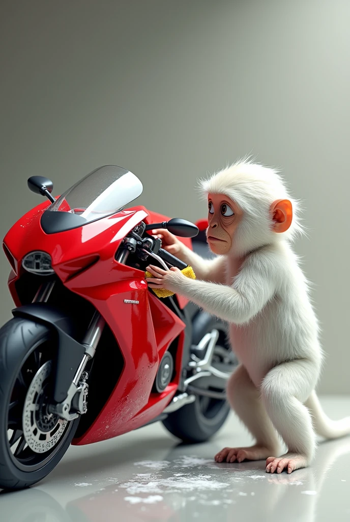 white monkey washing a modern red motorcycle