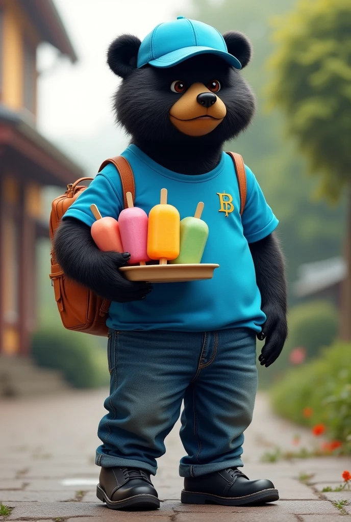 Black Frontino Bear wearing a blue sports shirt, jeans, black shoes and blue cap that delivers popsicles