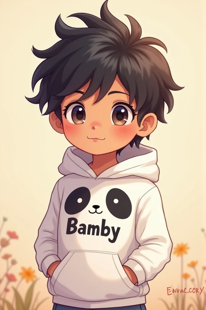 cute indian anime boy wearing white panda hoodie written bamby on hoodie