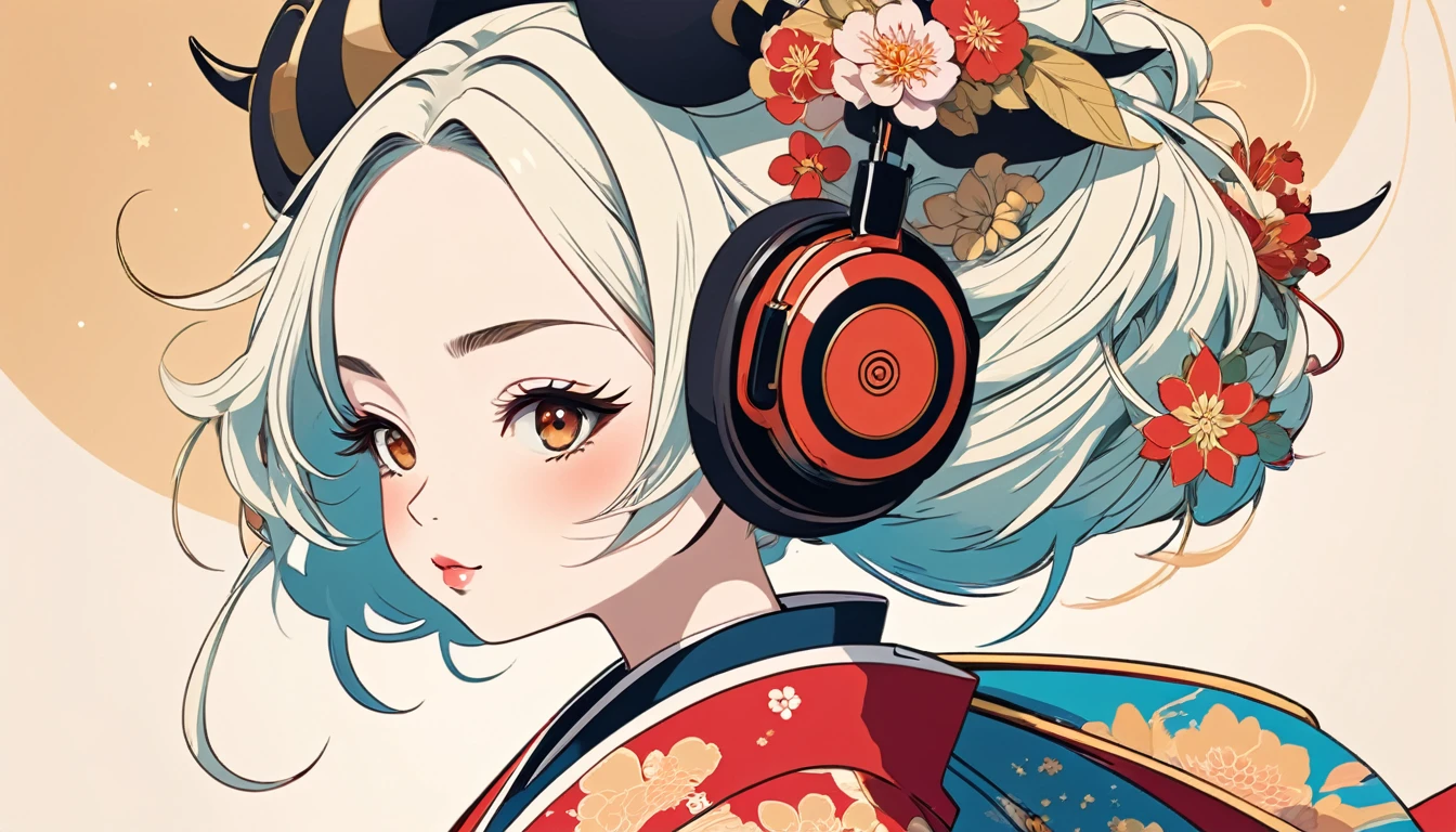 Oiran with Japanese style headphones、fan、Wide-angle lens, Lofi Anime, Lofi illustration, Aesthetic atmosphere, Lo-Fi Style, Vector art, Flat Design, Simple shape, Warm tones, Pleasant atmosphere, Chill, In anime style, Digital drawing, Vector art, Vector logo for t-shirt printing, (Adorable:1.5), (small:1.4), (Playful:1.2), (soft:1.3), (Whimsical:1.1), masterpiece, Highest quality, 8k, Intricate details, grow, Celestial, Mysterious, Picturesque, amazing, Majestic, Magic, Fantasy art, Cover art, dream-like