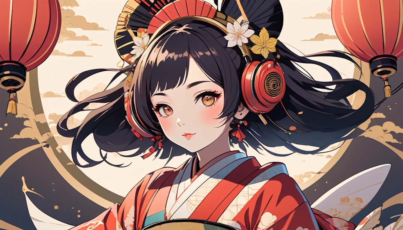 Oiran with Japanese style headphones、fan、Wide-angle lens, Lofi Anime, Lofi illustration, Aesthetic atmosphere, Lo-Fi Style, Vector art, Flat Design, Simple shape, Warm tones, Pleasant atmosphere, Chill, In anime style, Digital drawing, Vector art, Vector logo for t-shirt printing, (Adorable:1.5), (small:1.4), (Playful:1.2), (soft:1.3), (Whimsical:1.1), masterpiece, Highest quality, 8k, Intricate details, grow, Celestial, Mysterious, Picturesque, amazing, Majestic, Magic, Fantasy art, Cover art, dream-like