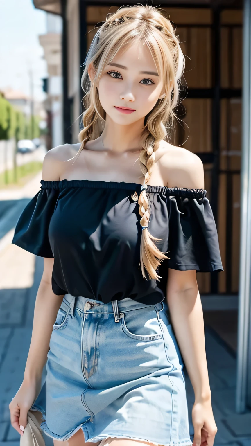 Sexy cute looks and cute 15 year old beautiful girl, Beautiful and sexy face、A strong wind blows my hair in front of my face、Blonde French braids with cute and sexy eyes hidden by long bangs、Off-the-shoulder T-shirt、Tulle miniskirt