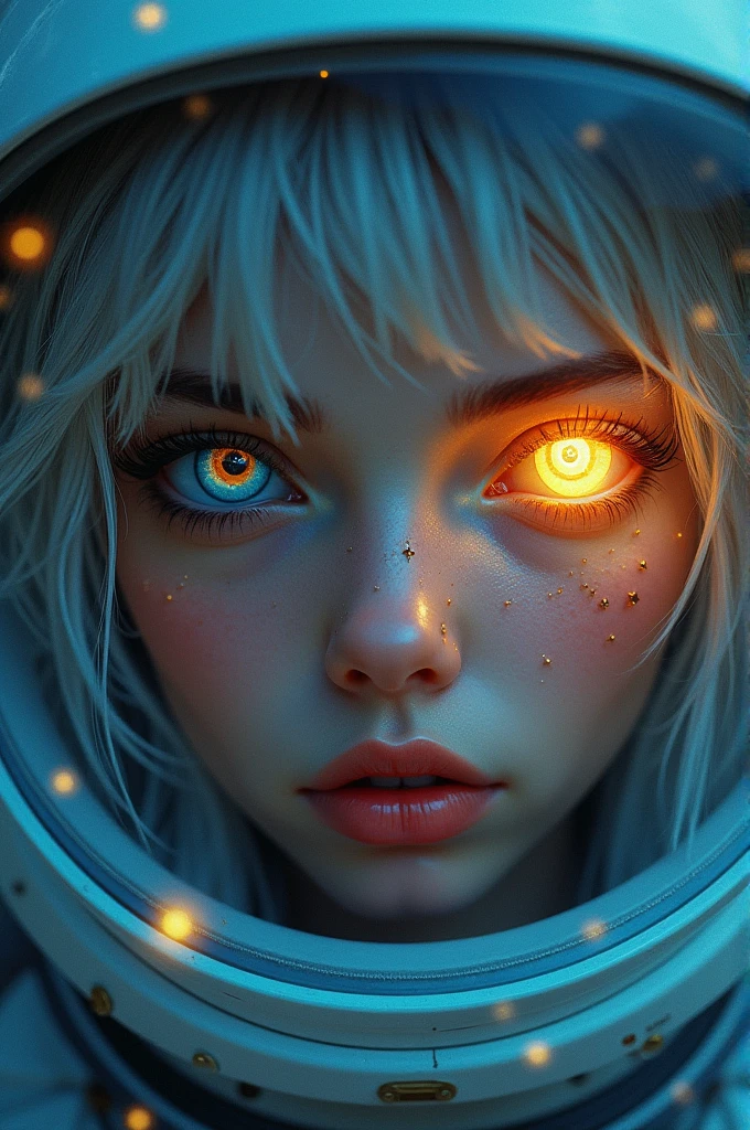 (Close-up of a better masterpiece:1.5)0.9], (Space and astronauts:1.2) (Messy silver hair:1.1) (Heterochromia xanthochromia and blue eyes:1.pace Helmet:1.0) (Colored stars in the eyes:1.0) (A radiant glow:1.1) (thick lips:0.9)