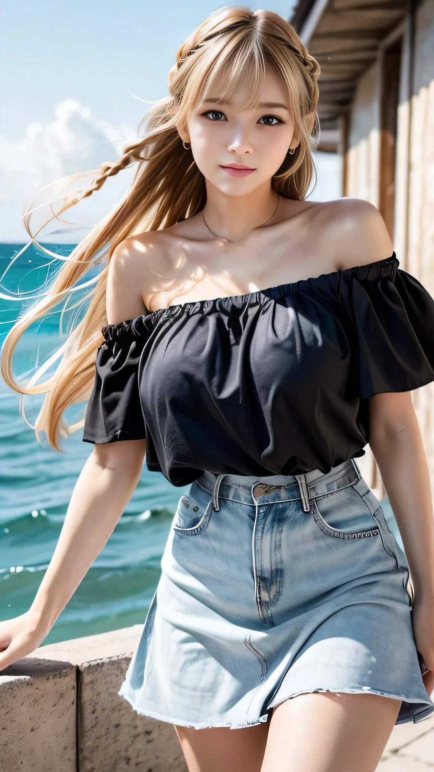 Sexy cute looks and cute beautiful girl, Beautiful and sexy face、A strong wind blows my hair in front of my face、Blonde French braids with cute and sexy eyes hidden by long bangs、Off-the-shoulder T-shirt、Tulle miniskirt
