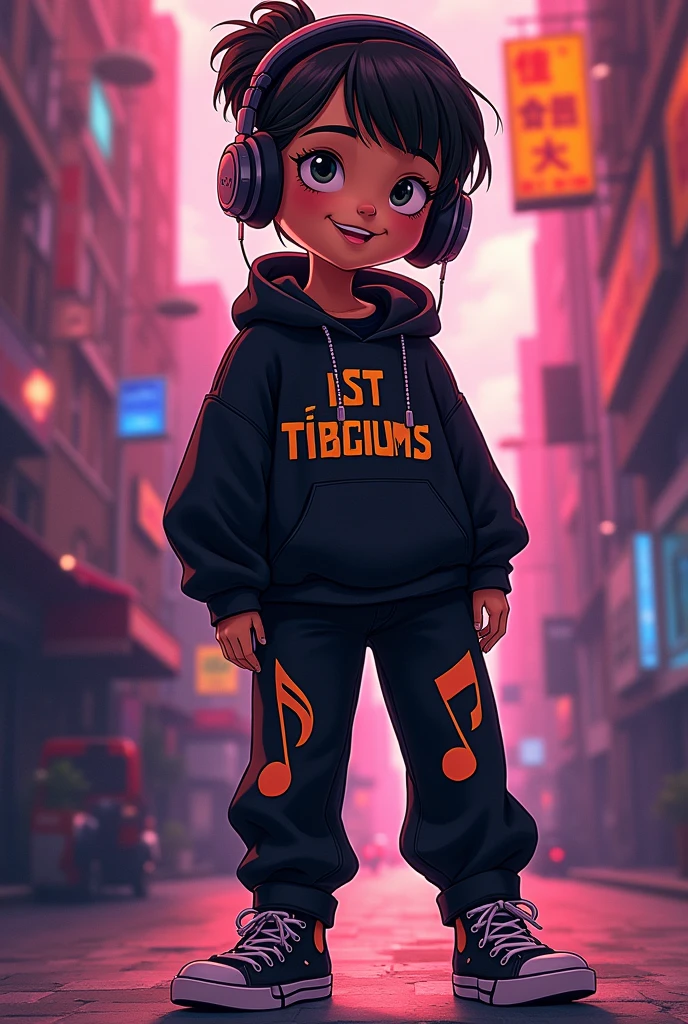 Cute cartoon tomboy with a black hiphop outfit with music notes and a headset