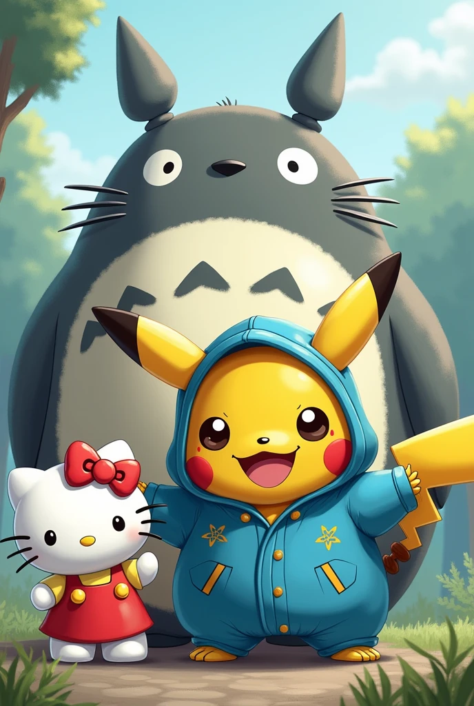 Fat Pikachu and hello kitty blue rain suit and large totoro draw art anime
