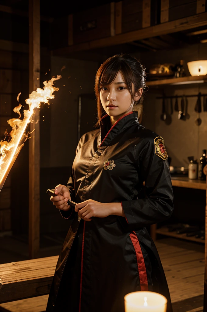 genshin impact character, female, she has a pyro Vision, with weapon named Kagura's Verity, from region Shezhnaya