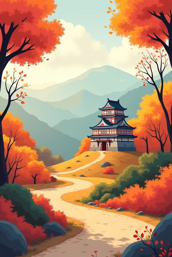 Make japanese aki theme a small one castle in 2d illustration
Make easy
Make a extreme long shot
Illustration has to look easy to draw