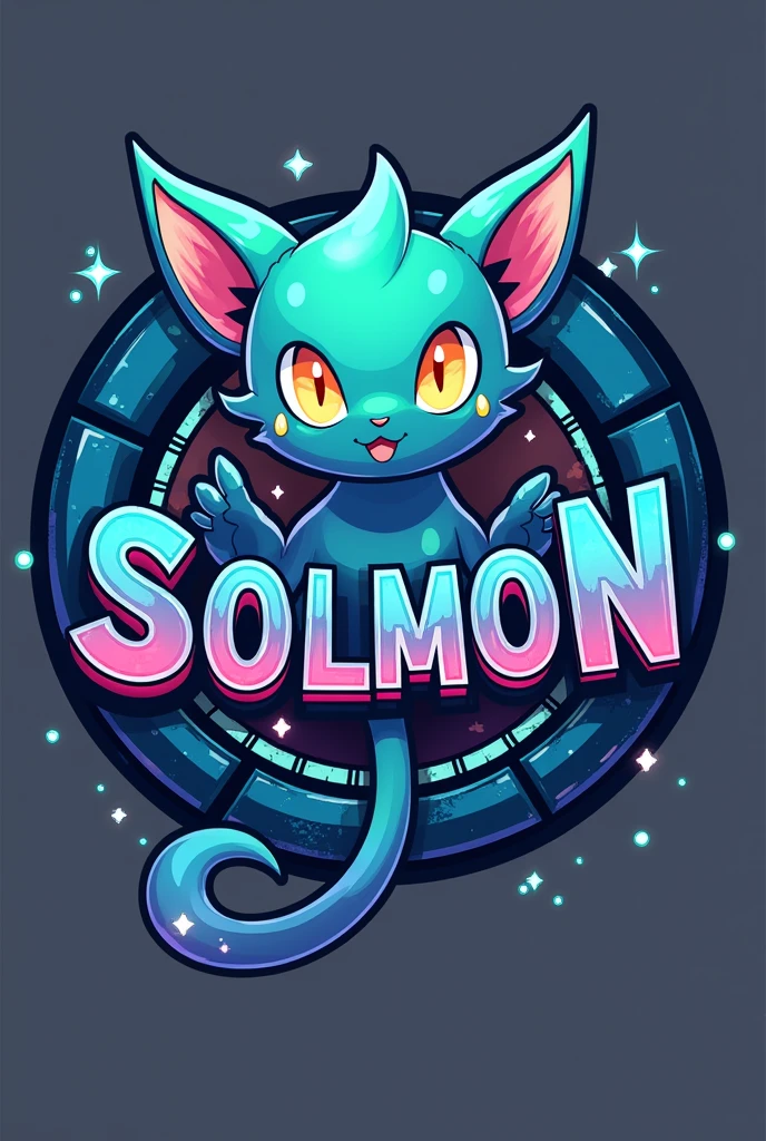 Design a circular logo for 'SOLMON - Solana Monsters' that reflects a fusion of modern, playful aesthetics with the essence of elemental-themed creatures, similar to the Pokémon style. The logo should feature a central emblem, such as a stylized  cat monster animal or creature that represents the 'Solana' theme, using a vibrant color palette of blues, greens, and purples with glowing accents. The creature should have distinct characteristics that align with an elemental type (e.g., fire, water, earth), and be rendered in a way that captures both the power and cuteness of the design. Surround the emblem with a circular border that incorporates subtle textures or gradients reminiscent of digital or cosmic elements. The text 'SOLMON' should be prominently displayed within the circular design, using bold, rounded typography that feels both friendly and adventurous. Integrate elements like small digital sparks, stars, or waves around the text and emblem to give the logo an otherworldly, magical vibe. Ensure the overall design is clean, balanced, and visually striking, making it easily recognizable and suitable for branding purposes.