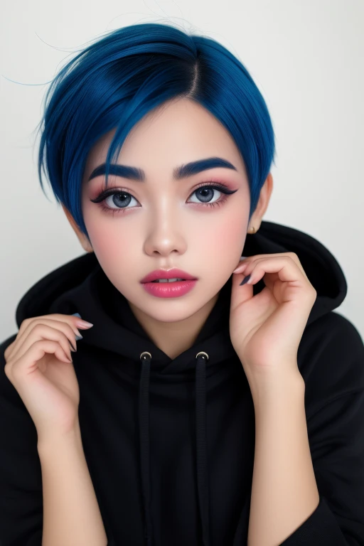 Girl with thin eyebrows and colorful make up. With short blue hair, wearing a black hoodie. In a white room.
