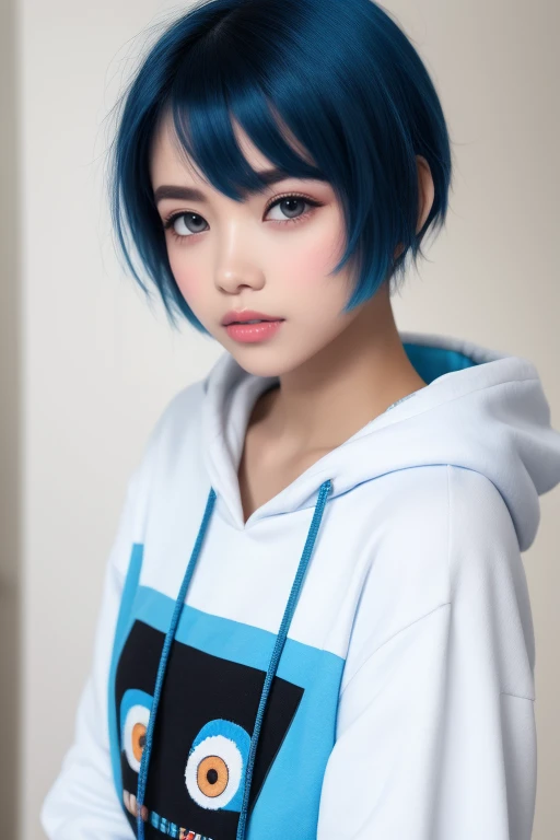 Girl with thin eyebrows and colorful make up. With short blue hair, wearing a black hoodie. In a white room.
