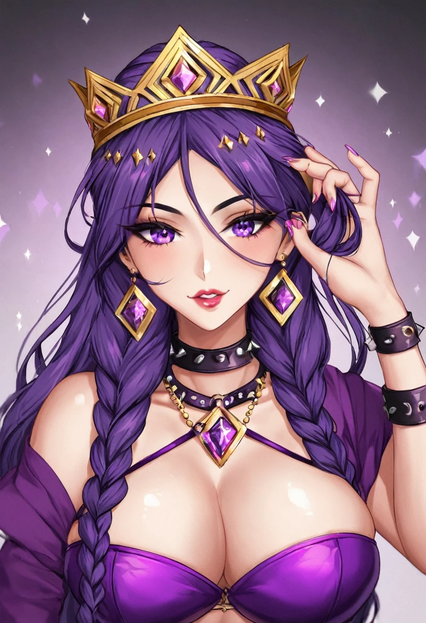 The strong woman is veiled in purple clothes, holds jasmine flowers in her hands, and wears a crown on her head studded with diamonds.