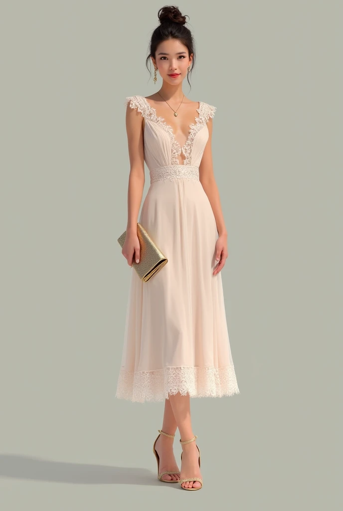Elegant and Formal
   Dress: A midi or maxi dress with lace or chiffon details.
   Shoes: Ballet flats or kitten heels.
   Accessories: A clutch bag, a delicate necklace, and stud earrings.