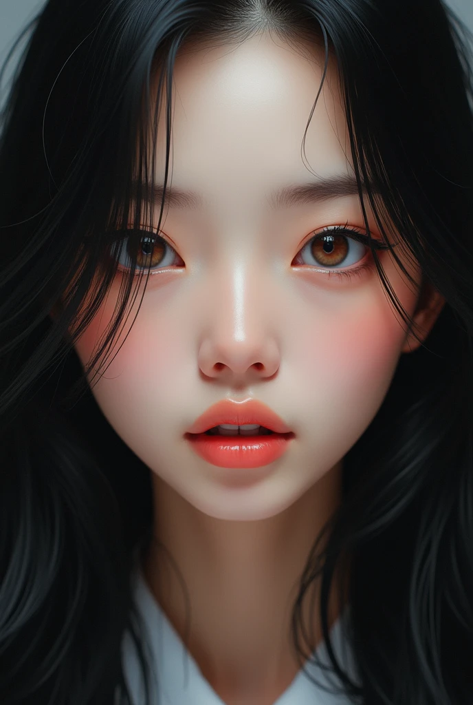 Gorgeous face, Asian, Korean woman, heterochromia, different colored eyes, One eye is blue, One eye is brown, pensive, black long hair, lush lips, hyperrealism, realistic face, 