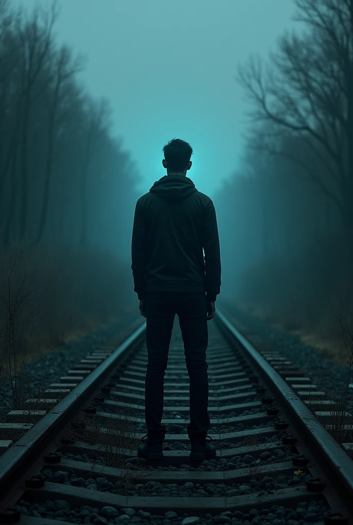 A man with his back turned with a computer in the middle of a gloomy train line