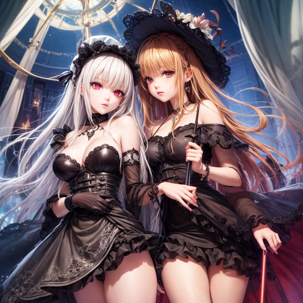 quality,8k,Highly detailed CG unit, masterpiece,High resolution,top-quality, real texture skin,surreal,Increase the resolution,RAW Photos,highest quality,Very detailed,From below,Cool Beauty,Glamour Women, Cool pose,Gothic ta,A skirt full of frills,Red accent embroidery,long hair shining white, Mysteriously glowing crimson eyes, Queen, world, Crystal Flower,Sparkling stained glass like a kaleidoscope,Majestic cathedral,Layered skirt with details, Detailed embroidery, Very layered ruffles, Detailed Texture,A geometric magic circle above your head,Ornamented silver walking stick,The hidden forbidden sanctuary,