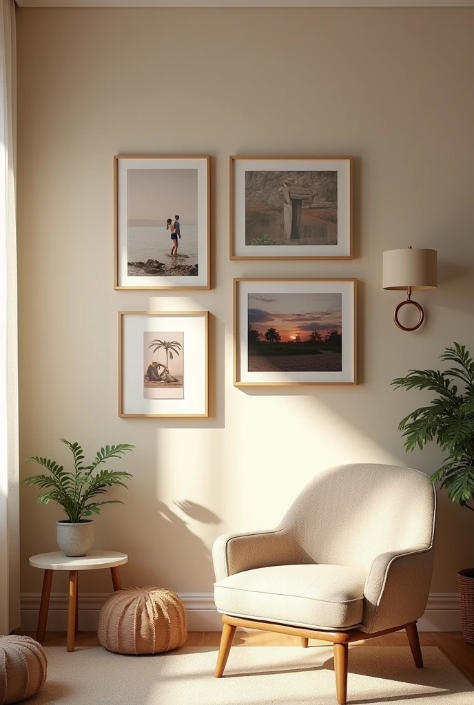 Create a picture of a room with a few photo frames on one wall