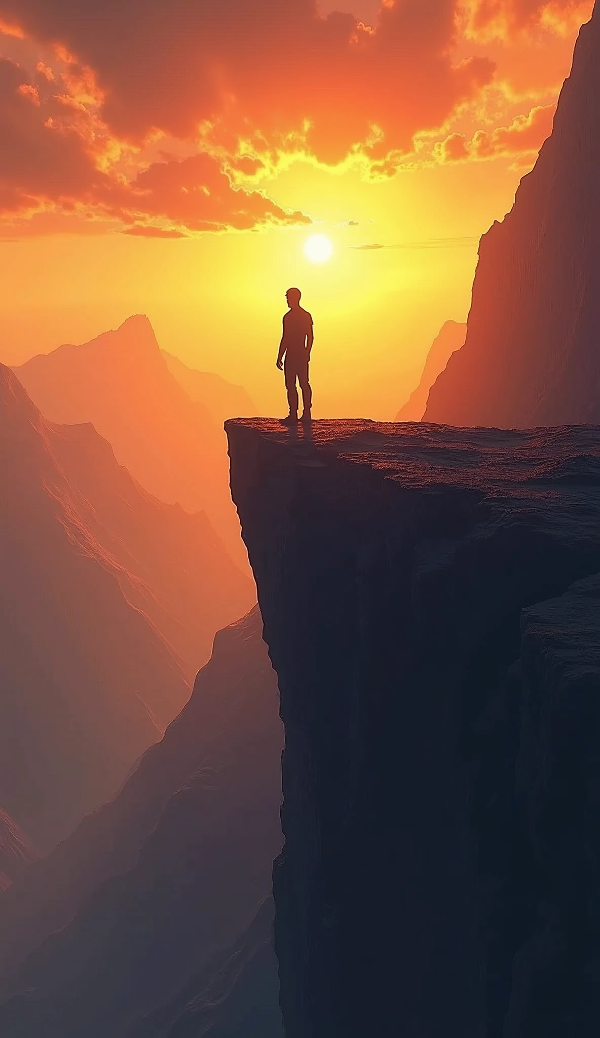 A lone figure standing on the edge of a rugged mountain cliff at sunrise, with the sky ablaze in warm colors. The figure is strong and determined, gazing out at a vast, challenging landscape filled with steep peaks and deep valleys. Behind them, shadows of past struggles loom, but they are overshadowed by the bright light of the rising sun, symbolizing resilience, inner fire, and an unyielding desire to overcome all obstacles