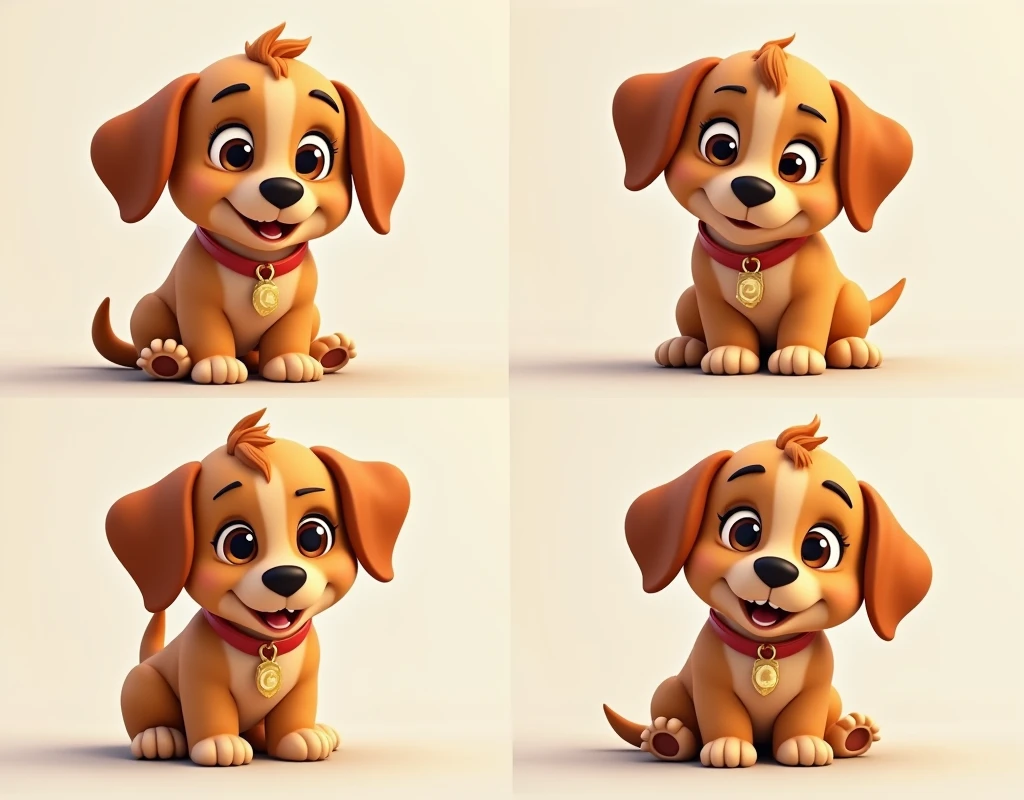 Assemble 4 photos of a Disney animation-style puppy with each photo with him showing different feelings