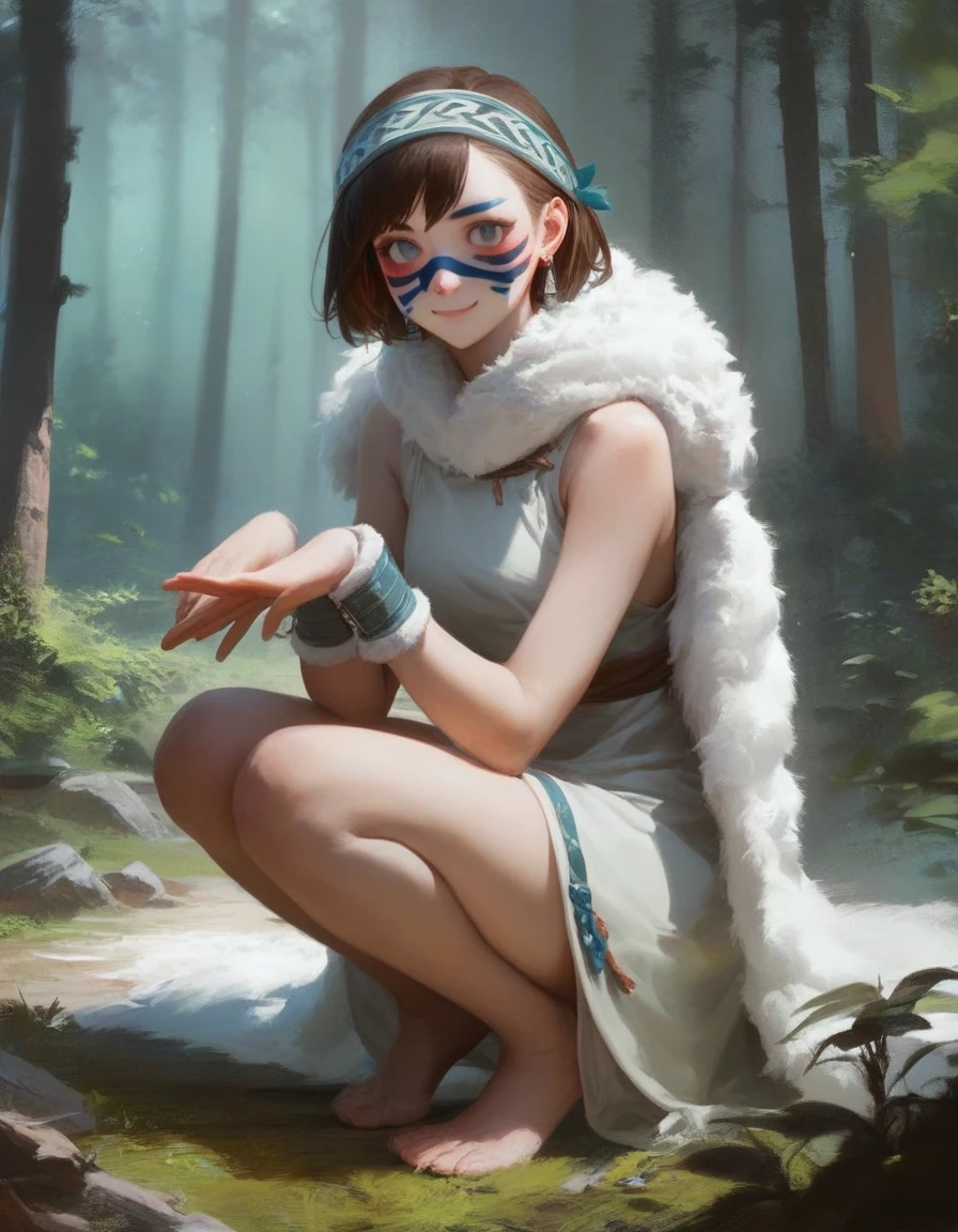 score_9, score_8_up, score_7_up,  san, 1girl, full body, squatting, solo, short hair, brown hair, gray eyes, headband, face paint, earrings, white sleeveless top, navy under dress, arm cuffs, fur headdress, fur cape, light-skinned female, female focus, looking at viewer, smiling, forest, (blush:1.1)  concept art, realistic, expressiveh, knva, 