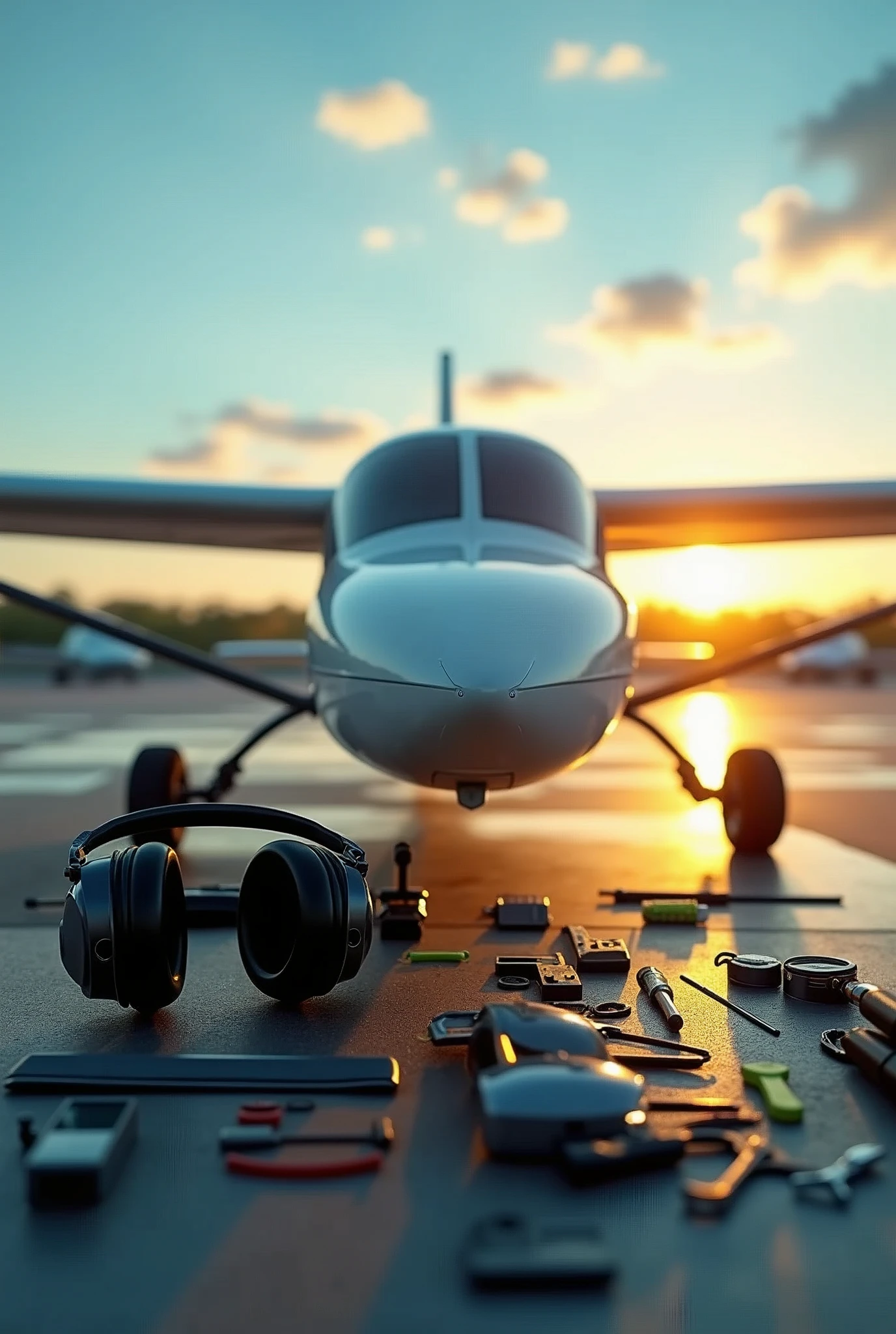 an RV-10 model airplane in the background, a very blue and beautiful sky with the sun shining, repair and maintenance tools and a BOSE brand aviation headset model A20 ready to be repaired. all this in high definition and well organized 