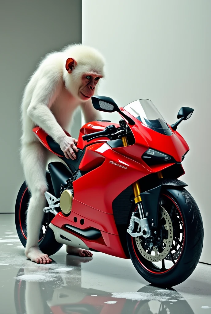 white monkey washing a modern red motorcycle