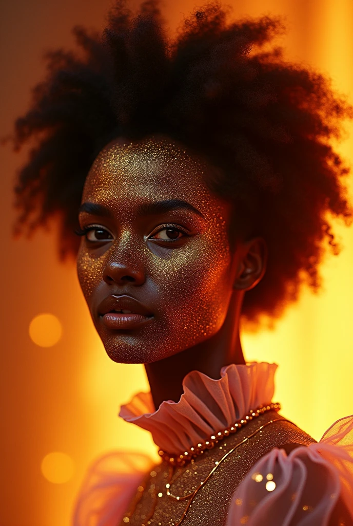 ((cinematic photography), (photorealistic), photographically correct, Afrofuturistic woman with glitter on her face, psychedelic interconnections, brilliant glow, overwhelming sparkle, intricate shimmering fabric, mystical surrealism, her luminous, hair overflowing with sparkling crystals, basking in a golden sunset glow, by Artgerm and Patrick Demarchelier, fiery aura, cinematic film still shallow depth of field, highly detailed, high budget, bokeh, moody, epic gorgeous reflection