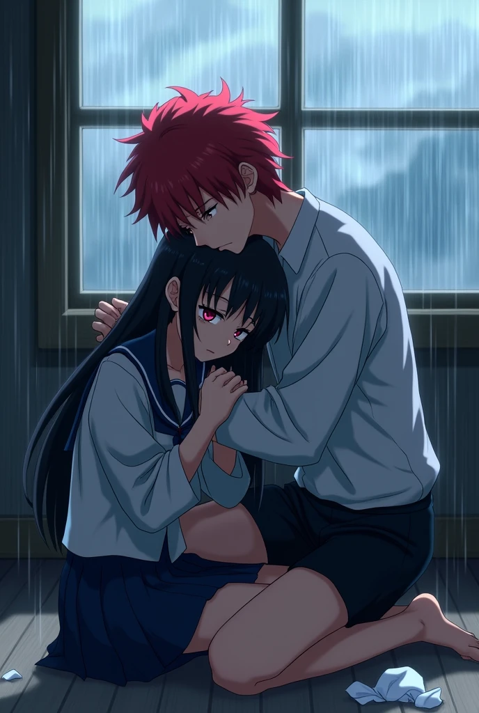 A 16-year-old Anime girl and a 20-year-old anime boy are both crying in the same room, the girl is sitting and the boy is hugging her, the girl has black hair and pink eyes, the boy has red hair, it is raining outside the window, girl in japanese school uniform