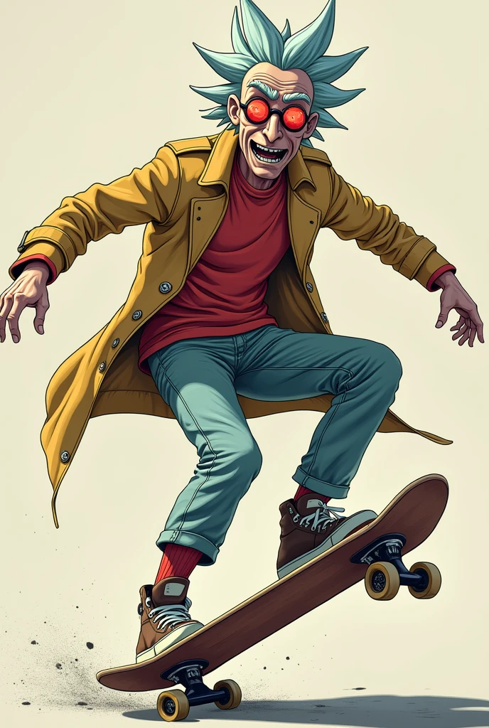  Rick Sanchez with a drugged expression while skateboarding with a neotraditional style body expression with color harmony and correct physiology that has a white outline
