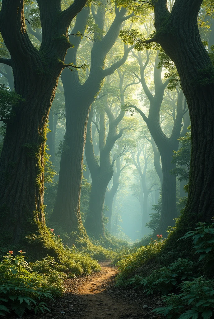 An ancient-looking forest with tall, old trees. The image should suggest a time-lapse effect, conveying the idea of something growing slowly over 2,000 years, with subtle changes in lighting to hint at the passing of centuries.