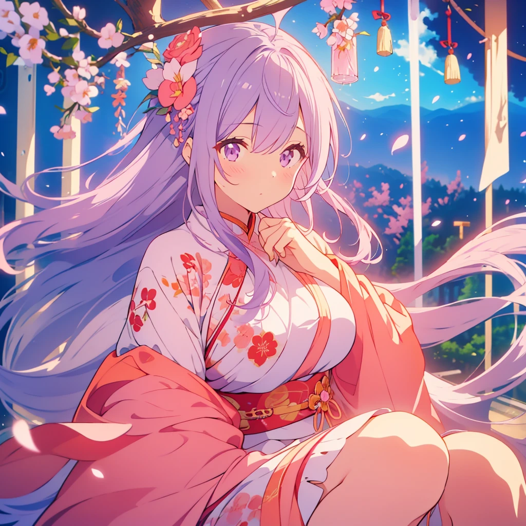Adult woman with long light purple hair、Peach Blossom、Congratulations、celebration