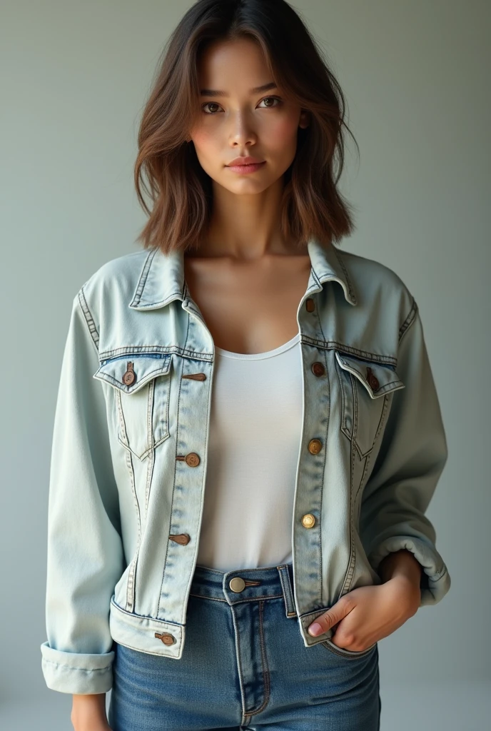 the same woman dressed in a jacket and jeans more realistic