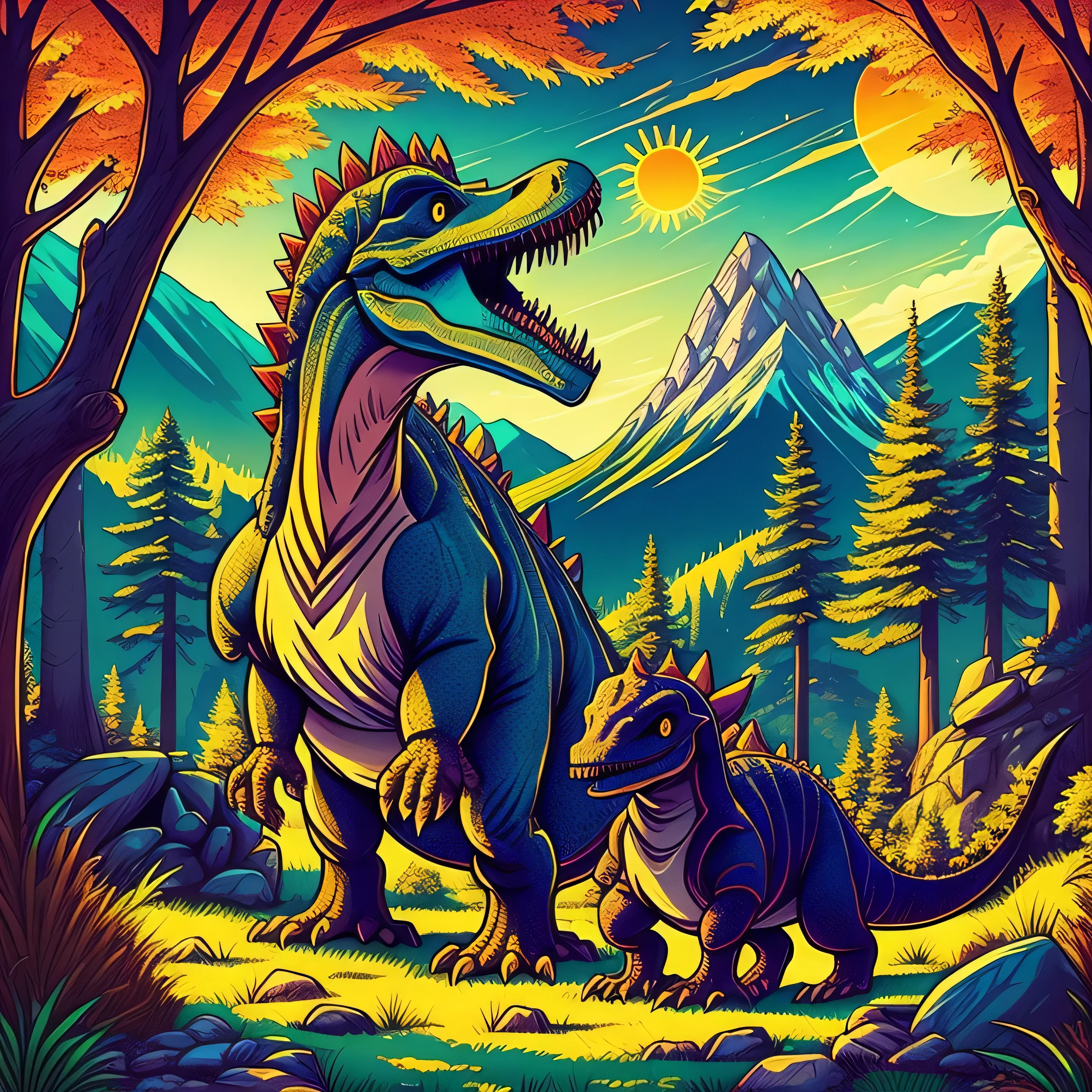 Two dinosaurs in the forest, with mountains and trees, stones, grass and sun, warm colors