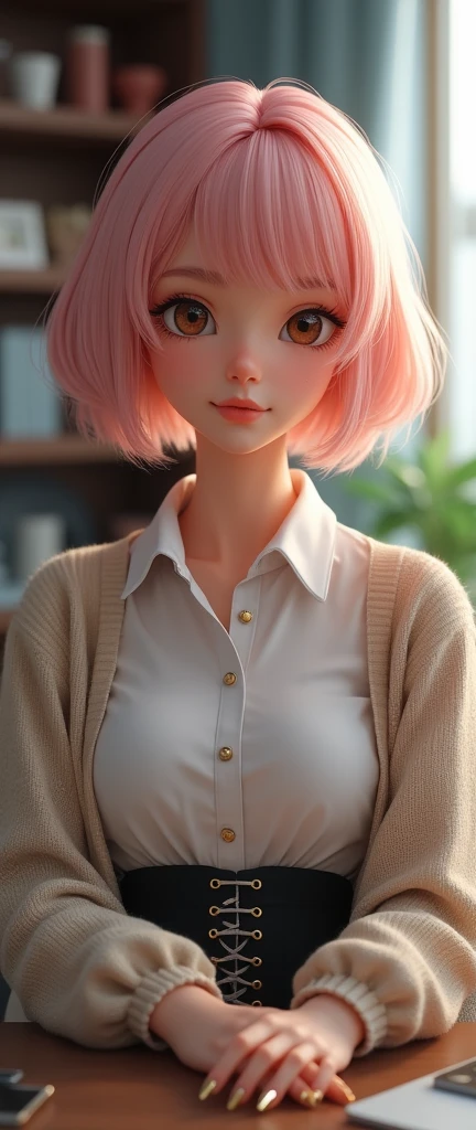 (RAW photo, best quality), (realistic, photo-realistic:1.3), masterpiece, an extremely delicate and beautiful, extremely detailed, CG, unity , 2k wallpaper, Amazing, finely detail, light smile, extremely detailed CG unity 8k wallpaper, huge filesize, ultra-detailed, highres, absurdres, soft light, (((medium hair:1.3), short bang, pink hair, floating hair novafrogstyle)), beautiful detailed girl, detailed fingers, extremely detailed eyes and face, beautiful detailed nose, beautiful detailed eyes, long eyelashes, light on face, looking at viewer, (closed mouth:1.2), 1girl, cute, young, mature face, (full body:1.3), ((small breasts)), realistic face, realistic body, beautiful detailed thigh, (ulzzang-6500-v1.1:0.8), business suit, cross-laced clothes, collared shirt, open clothes, in office, detailed office, open cardigan, black thighhighs, miniskirt, black underwear, unbuttoned shirt, (((long sharp golden fingernails))),