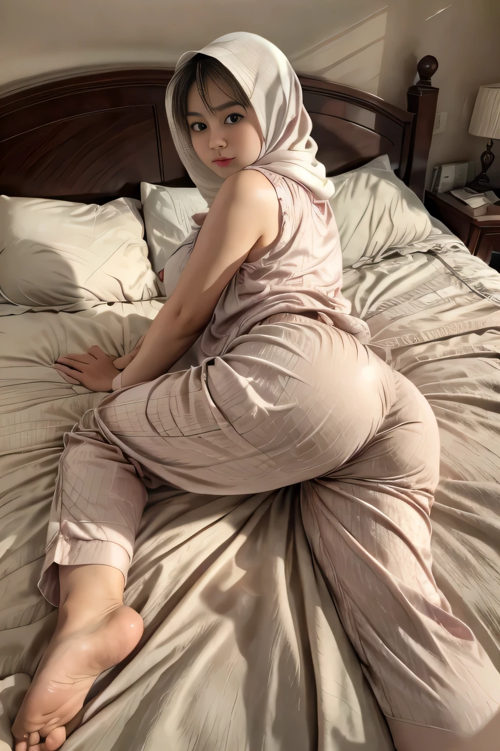 RAW, Best quality, high resolution, work: 1.3), Beautiful Indonesian girl wear hijab, indonesian hijab teen, Highly detailed CG Unity 8k wallpaper, top quality, super detailed, masterpiece, realistic, photorealistic, highly detailed cute girl, , full body shot, potrait, bedroom detailed,sweaty skin, blush, parted lips, round eyes , ((erect, emerge, streak)), (( tight thighs, protruding buttock)), (the contour of the legs clearly visible ), cute face detailed, Laying down in white sheets, seductive, erotic, fat arms, ((wearing light brown pajama pants with sleeveless long shirt)), erotic, looking seductively, covering your breast with hand, soft smile, plump body, fit body shape, body lighting, looking at camera, long shirt, rear view, buttocks facing at camera, the contour of buttocks clearly visible, buttocks showing, buttocks emphasize, buttocks shot, accentuate your buttocks, buttock crease
