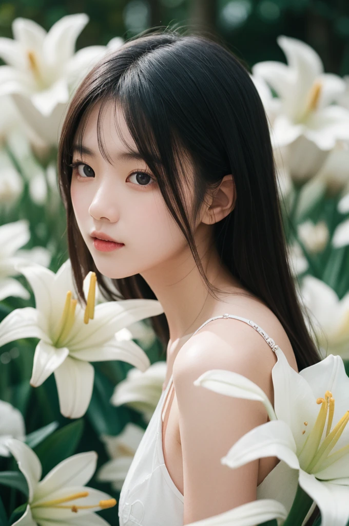 Natural Skin,Standing in the middle of a ton of white lilies、Fashion portrait photography of a beautiful young woman,Shot with a Hasselblad medium format camera,Film Grain,Fujifilm XT3,