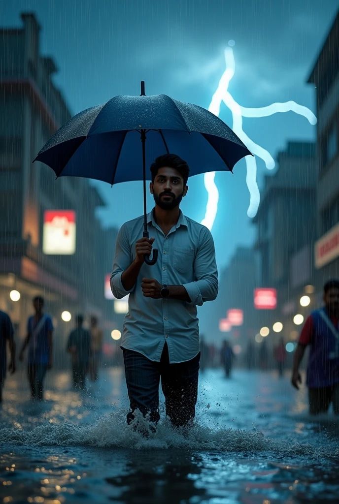 In Pondicherry city full of heavy rain a person with white shirt full hand and black pank with an dark blue umbrella and dark hair and beard he helping others during flood dramatic thunder lightning in night
