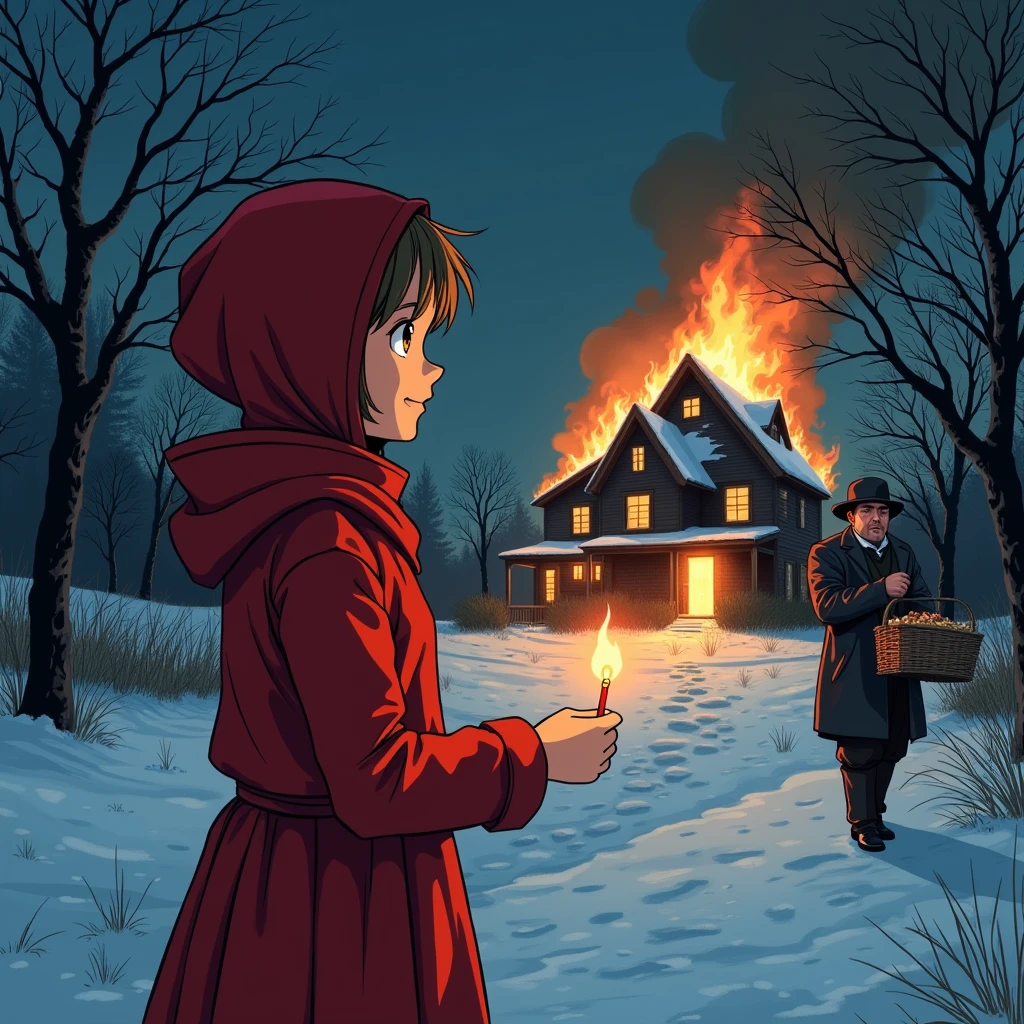 Boldly drawn anime-style illustrations, Midwinter Night, Crazy fun, Cinema Lighting, 19th century, European winter night, Burning House, The Little Match Girl is Watching, She lit the match with a satisfied smile.. She is wearing a red coat with a hood、He is carrying a basket of matchboxes under his arm.。.