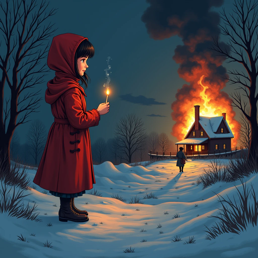 Boldly drawn anime-style illustrations, Midwinter Night, Crazy fun, Cinema Lighting, 19th century, European winter night, Burning House, The Little Match Girl is Watching, She lit the match with a satisfied smile.. She is wearing a red coat with a hood、He is carrying a basket of matchboxes under his arm.。.