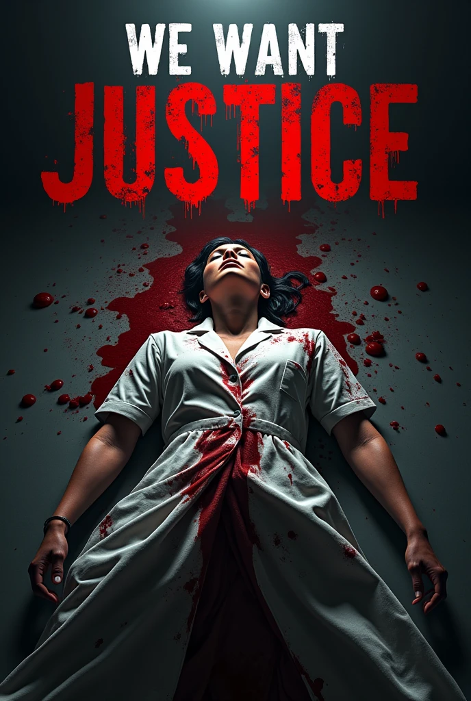 Make poster on raped and murder on duty lady doctor. Lady will be bloody and body will be seen by behind. Poster headlines will be "WE WANT JUSTICE"