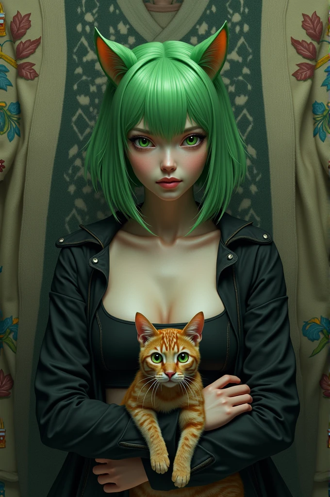 masterpiece:1.2, high quality, 最high quality, detailed_background,indoor,High resolution,there is nothing (Solution 1988),black Jacket,Upper Body,Cat in arms,Absurd,Green Eyes,カーディガンbackground,View your viewers,One person,Medium Hair,Exposing the décolleté,alone,Animal ears,Green Hair,Jacket,Crop top,Off the shoulder,Tilt your head,Cat ear
