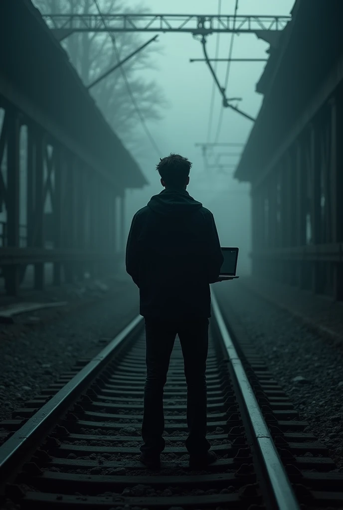 A man with his back turned with a computer in the middle of a gloomy train line