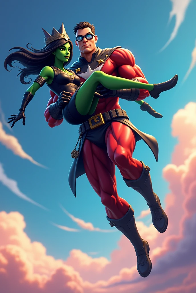 Un superman dans les airs qui porte une fille avec la peau verte les cheveux noires et une tenue noire avec une couronne noire sur la tête dans le style de fortnite