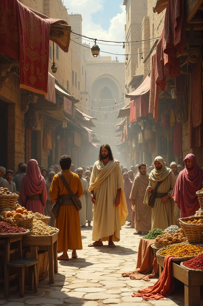 Jesus in a busy marketplace in ancient Jerusalem